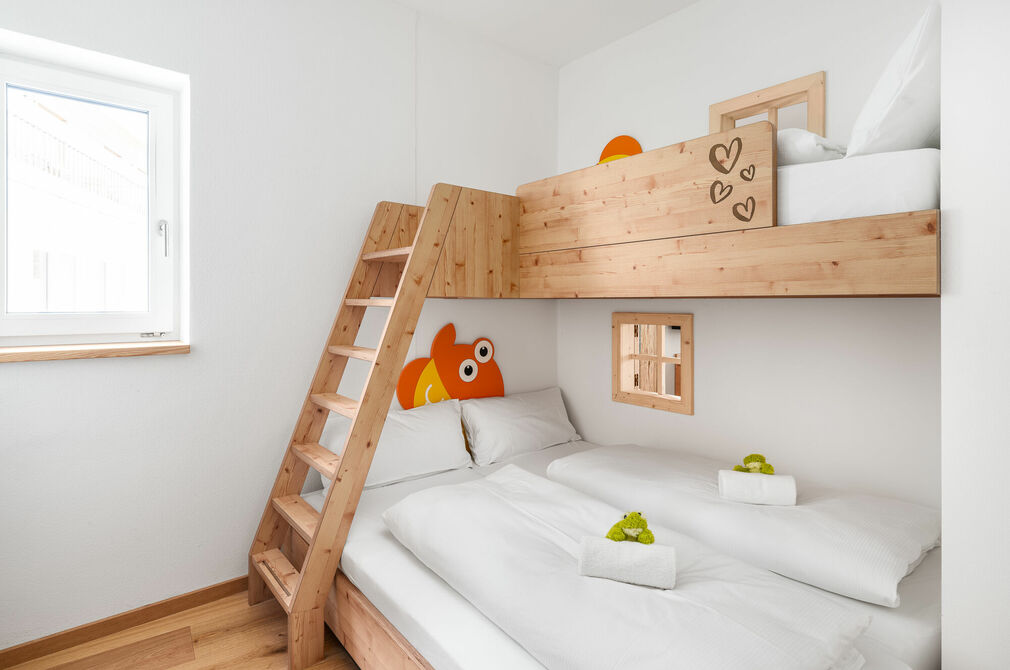 Kinderhotel Allgäuer Berghof – Kinderzimmer der Spass-Suite Froschi mit Blick auf die Allgäuer Alpen