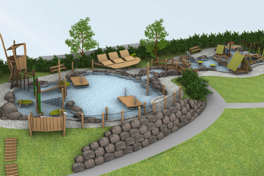 Wasserpark mit Floß im Kinderhotel Allgäuer Berghof